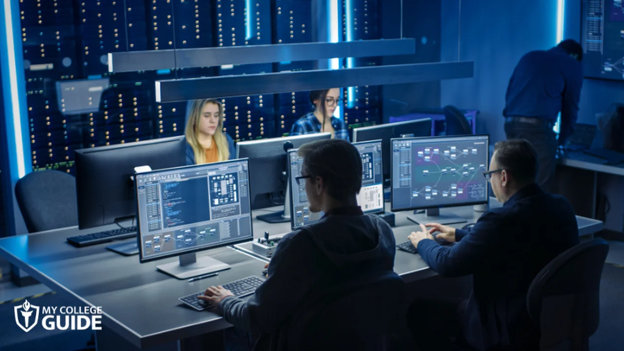 Close up on a plate of mashed potatoes, topped with baked pork chops with cream of mushroom soup, and a side of green beans.